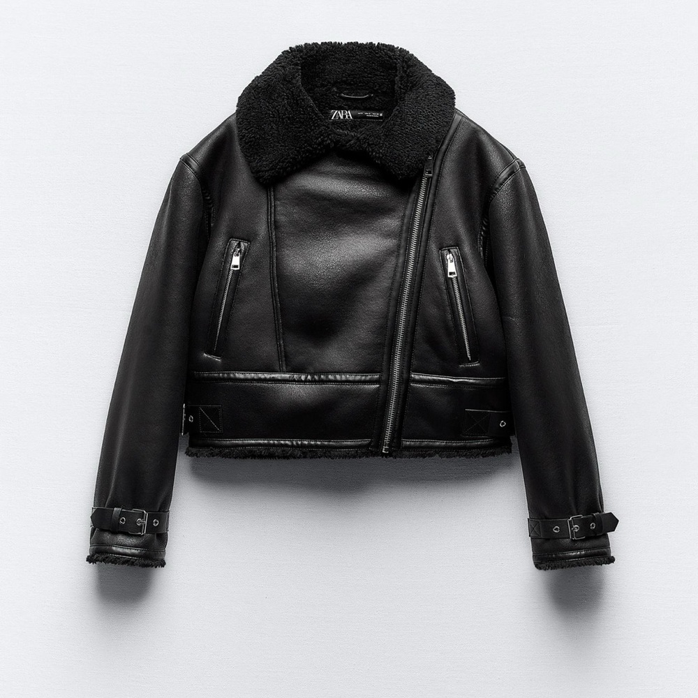 Zara Black Leather Jacket with Shearling Collar